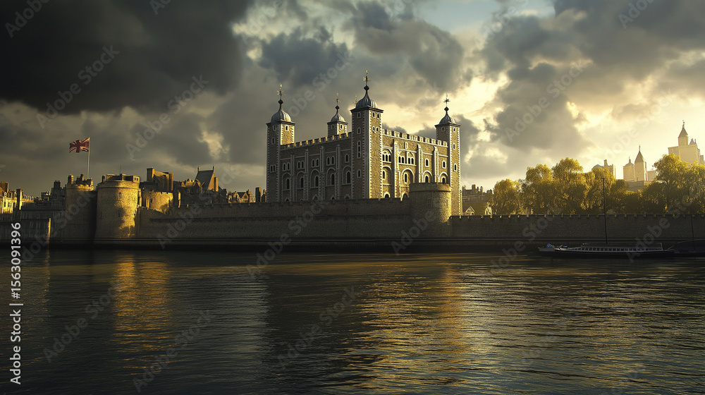 Fototapeta premium The Tower of London, a historic fortress towering above a cloudy sky