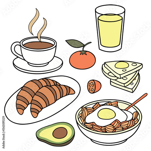 Hand drawn breakfast illustration with coffee, fried egg, croissant, milk, cereal, bacons, sausages, citrus juice, avocado, tomato, 
pancakes