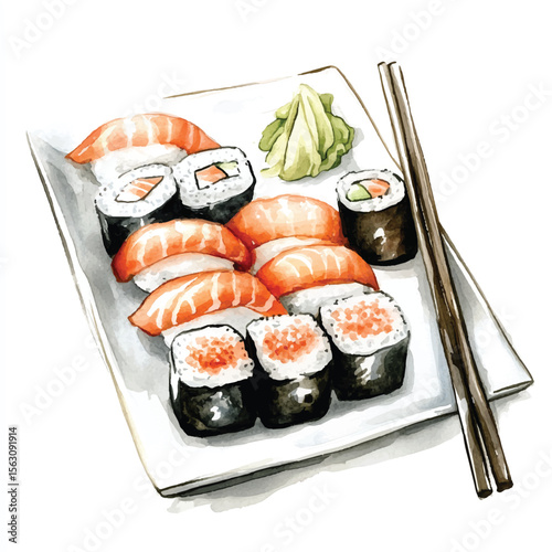 Watercolor Sushi Platter with Salmon Nigiri Rolls and Chopsticks