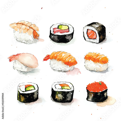 Watercolor Sushi Variety Artistic Depiction of Japanese Cuisine Delights