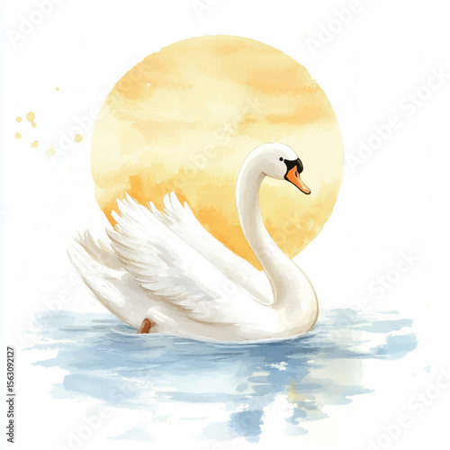 Watercolor Swan Majestically Gliding on Water at Sunrise