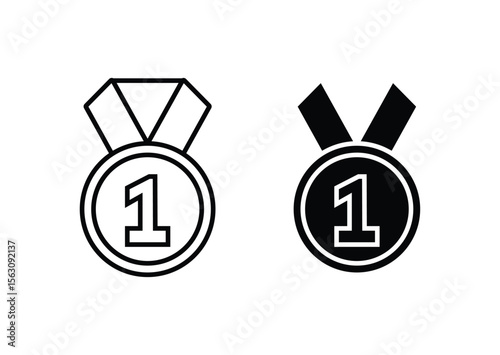 Two medal icons with the number one and ribbon isolated on white background