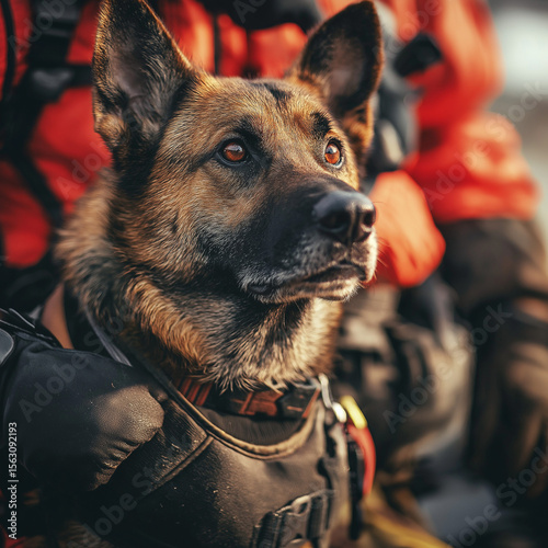 Alert rescue dog in tactical vest with handler in uniform