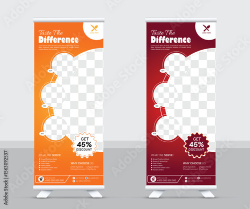 Elegant Roll-up Banner Designs: A vibrant roll-up banner design, showcasing a gradient color scheme, suitable for advertising your product or service. The design incorporates placeholders for imagery.