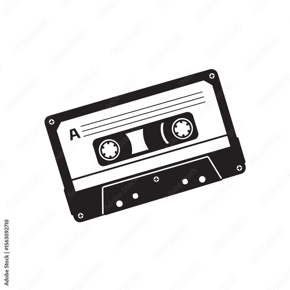 Fototapeta premium Black and white cassette tape vector illustration for retro music design and ornament set