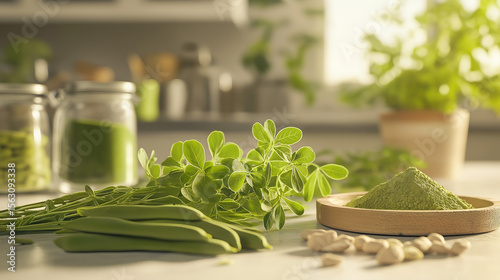 Fresh moringa leaves and powder on kitchen table