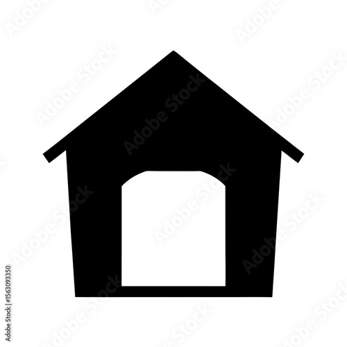 Stylized silhouette of a doghouse with a triangular roof and arched door