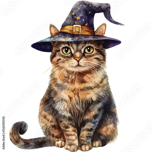 Watercolor tabby cat wearing a dark blue starspangled witch hat