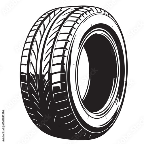 Black and white illustration of a car tire detailed design showing tread pattern suitable for automotive themes.