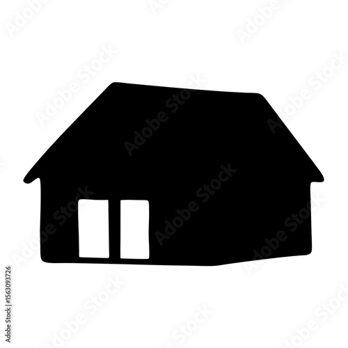 A simple black and white silhouette of a house with two windows