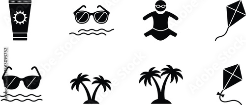 Icons of Sunglasses, Sunscreen, and Palm Trees for Tropical Vibes