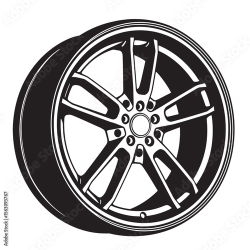 Black and white illustration of a car wheel featuring a modern alloy rim and artistic design element set.