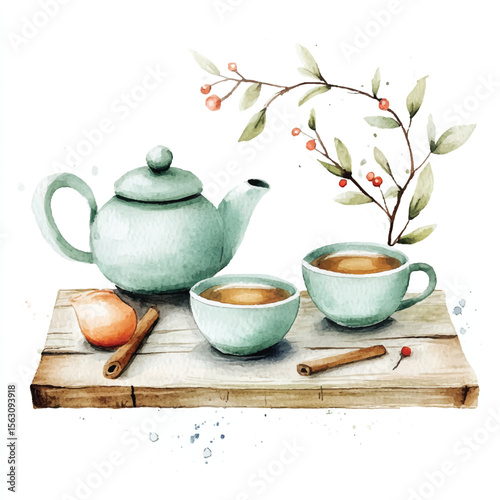 Watercolor Tea Service with Cinnamon Sticks and Berries on Wooden Board