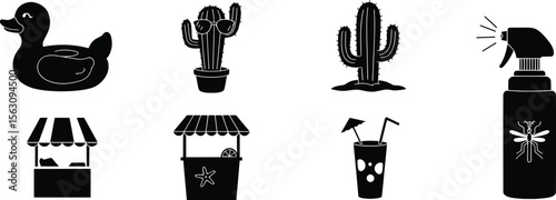 Fun Poolside Accessories Featuring Duck, Cactus, and Refreshing Drinks in a Vibrant Environment