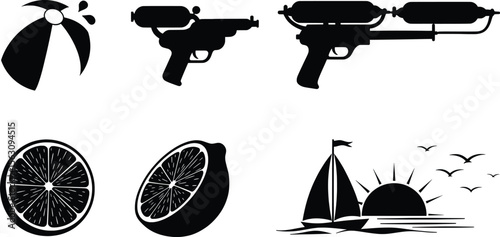 Beach Balls, Water Guns, Citrus Fruits, Sailboats in a Coastal Landscape