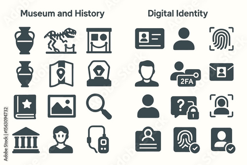 Museum history icons and digital identity elements: artifacts, security, and technology