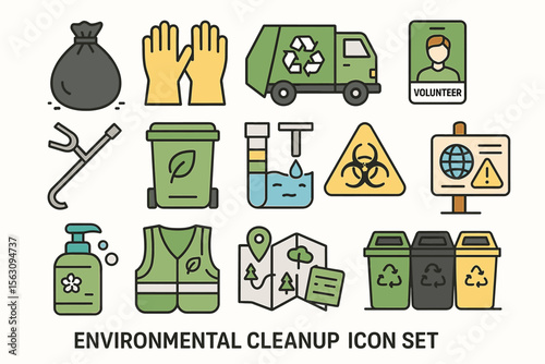 Environmental cleanup icon set with recycling and volunteer elements