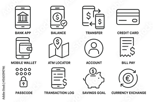 Financial services icons: bank app, transfer, credit card, mobile wallet, savings