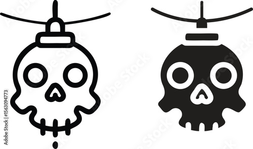 Hanging Skull Icons Vector – Black and White Halloween Ornament Cartoon Illustration