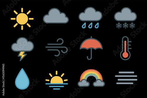 Weather icons: sun, cloud, rain, snow, lightning, wind, umbrella, thermometer, drop, sunrise, rainbow, fog