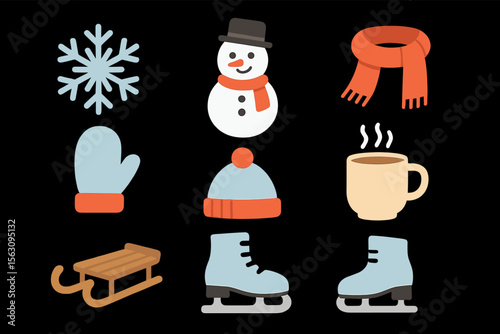Winter icons: snowman, skates, sled and cozy winter elements on black background