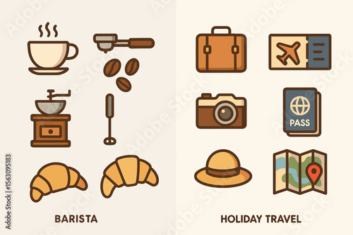 Coffee brewing and holiday travel icons: cup, suitcase, passport, grinder, camera, map, croissant