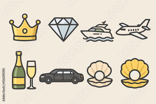 Luxury icons collection featuring crown, diamond, yacht, jet, champagne, car, and pearls
