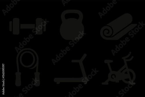 Silhouette icons of fitness equipment: dumbbell, kettlebell, yoga mat, jump rope, treadmill, exercise bike