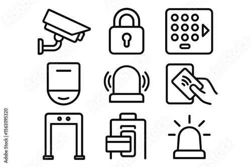Security icons set: camera, lock, keypad, alarm, card reader, metal detector