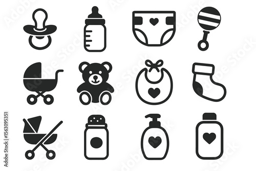 Collection of baby essentials icons including pacifier bottle and teddy bear