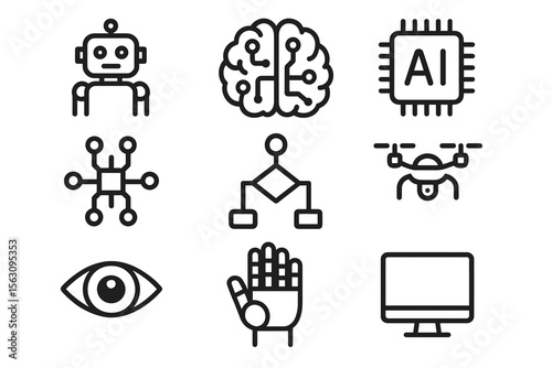 Futuristic technology icons: ai robot, brain, chip, drone, network