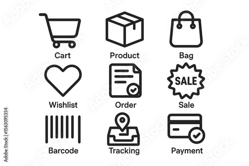 Shopping icons set: cart, product, bag, wishlist, order, sale, barcode, tracking, payment