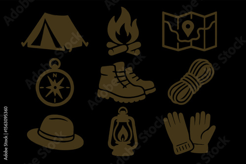 Essential camping icons: tent, campfire, map, compass, boots, rope, hat, lantern, gloves