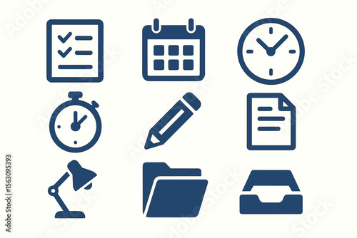 Office icons: checklist, calendar, clock, stopwatch, pencil, document, lamp, folder, tray