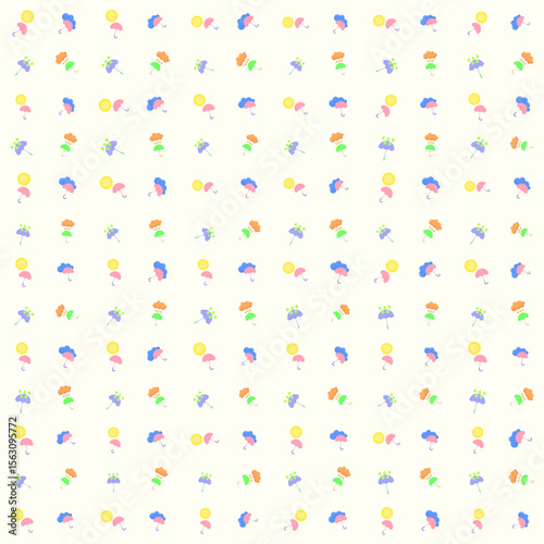 Rain cloud pattern, sun, umbrella during rain, cloudy sky, seamless vector, weather theme.