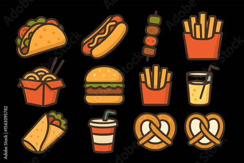 Colorful cartoon fast food icons with taco, hotdog, fries, and burger