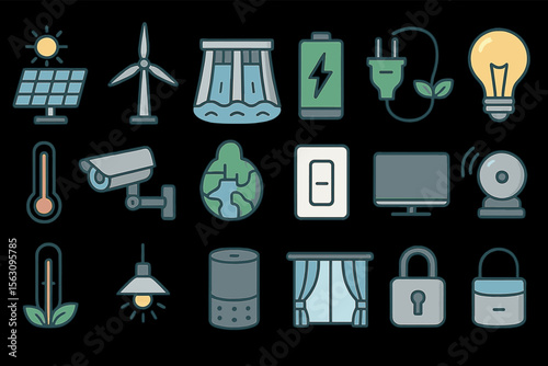 Energy and security icon set featuring renewable energy and smart home devices