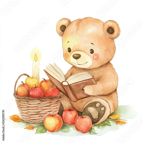 Watercolor Teddy Bear Reading a Book Beside a Basket of Apples and Candle