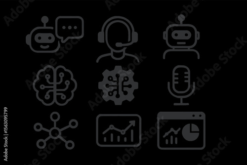 Ai and communication icons: chatbots, headset, brain, microphone, network, analytics
