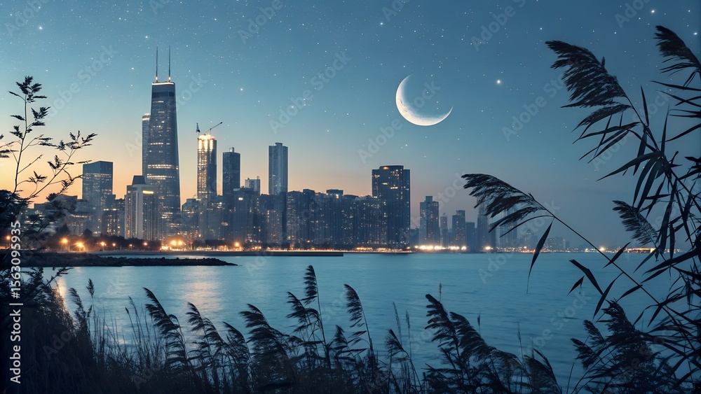Obraz premium A tranquil night scene showcases the chicago skyline illuminated under a crescent moon and starry sky, with calm lake water reflecting the city lights in the foreground