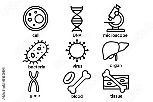 Scientific icons: cell, dna, microscope, bacteria, virus, organ, gene, blood, tissue