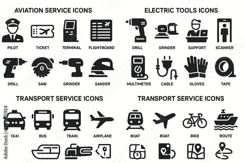 Comprehensive transportation and tool service icons set in black and white