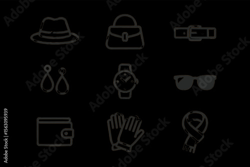 Minimalist accessory icons: hat, bag, belt, earrings, watch, sunglasses, wallet, gloves, scarf