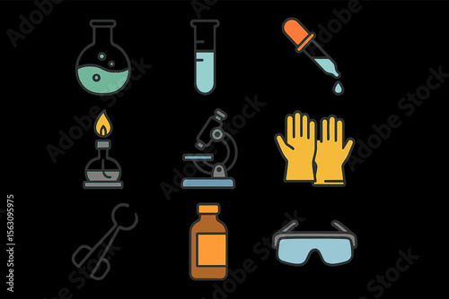 Illustrated icons of science equipment including microscope, beaker, pipette, safety gear, and burner