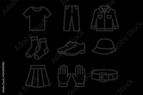 Vector icon set of clothing essentials including shirt, jeans, jacket, socks, shoes, hat, skirt, gloves, belt