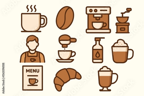 Coffee shop icons: barista, espresso machine, and fresh brewed beverages