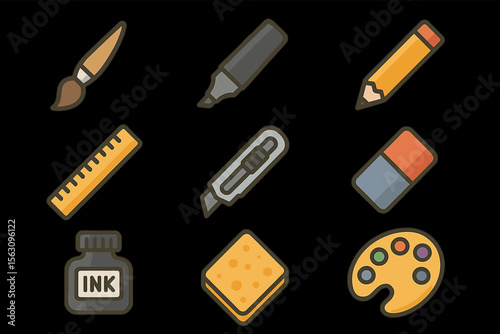 Colorful art and craft tools icons on black background