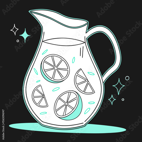 Clear pitcher with lemonade and lemon slices on black background  
