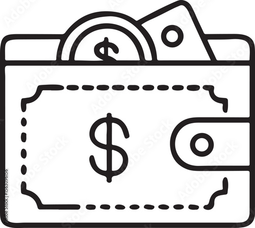 Black Wallet Icon, Currency Symbol Included, Flat Minimal Style, Payment and Finance Vector