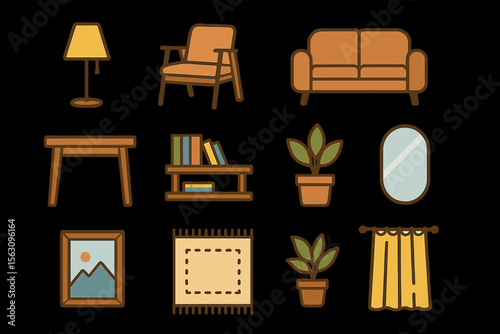 Cozy home interior icons: lamp chair sofa table plant mirror art rug curtains bookshelf